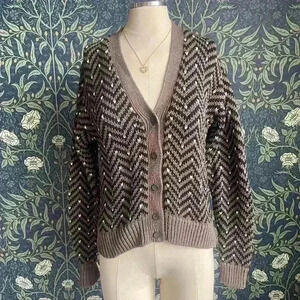 Beige Chevron Button Down Ramie & Cotton Cardigan